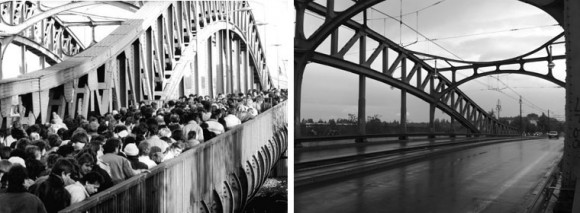 Bösebrücke über die Bornholmer Straße: Links im November 1989, rechts im Mai 2013