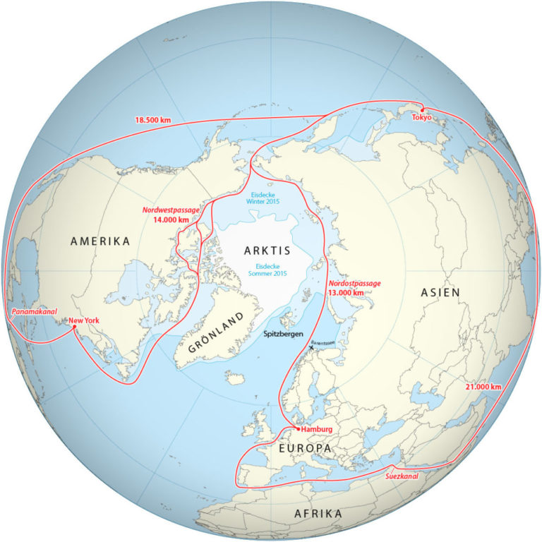 Handelswege durch die Arktis und Alternativrouten. Von mir hinzugefügt: Markierungen von Spitzbergen, der Barentssee und unseres ungefähren Standorts. Bild: Maximilian Dörrbecker, Lizenz: CC BY-SA 2.5, via Wikimedia Commons
