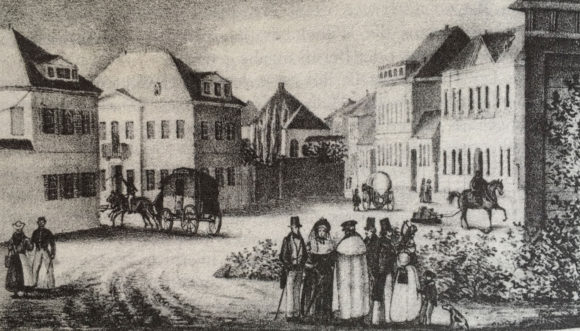 Das Bild zeigt einen Blick in die Wilhelmstraße vom Wilhelmsplatz aus um 1835. Bild: Stadtarchiv Bonn