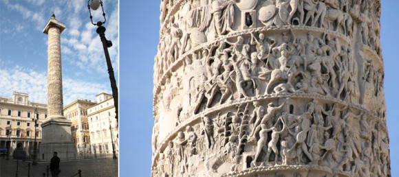 Piazza Colonna mit der Marc-Aurel-Säule, dem Palazzo Chigi (Gebäude ganz rechts) und dem Parlamentsgebäude links daneben. Die Reliefs auf der Säule berichten von den ruhmreichen Siegen des Kaisers.
